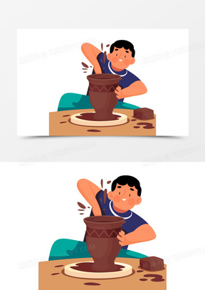 卡通手绘小男孩手工活动做陶艺场景素材