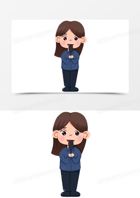 卡通手绘女记者双手拿着话筒免抠素材