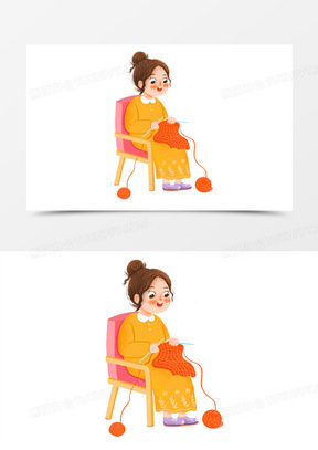 卡通手绘织毛衣的女孩免抠素材