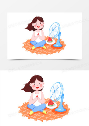 手绘女孩吹风扇吃西瓜免抠素材