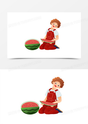 卡通手绘吃西瓜的女孩免抠元素