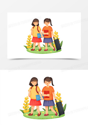 手绘卡通同学结伴旅行场景免抠素材