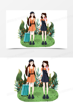 手绘插画风女孩闺蜜一起旅行素材