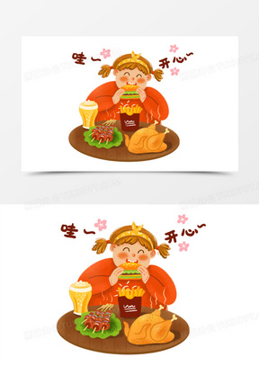 手绘卡通吃货胖女孩插画免抠元素