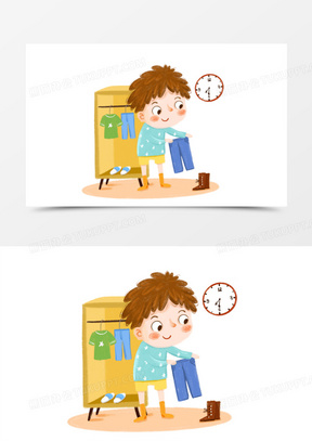 手绘卡通男孩早起穿衣服插画免抠元素