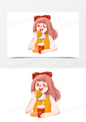 卡通手绘吃汉堡的女孩免抠元素