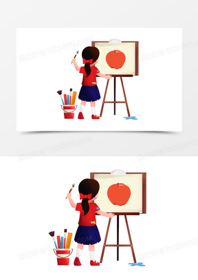 手绘卡通女孩画画背影免抠元素