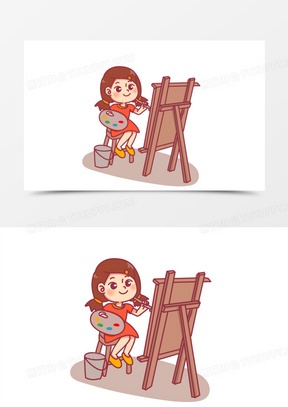 手绘卡通女孩画油画免抠素材