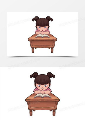 手绘卡通小女孩认真看书复习免抠元素