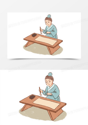 手绘卡通古代写字书童免抠素材