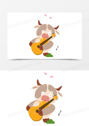 卡通手绘弹吉他的牛牛免抠素材