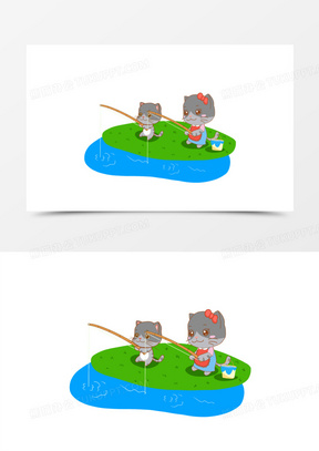 卡通猫妈妈教小猫钓鱼免抠元素