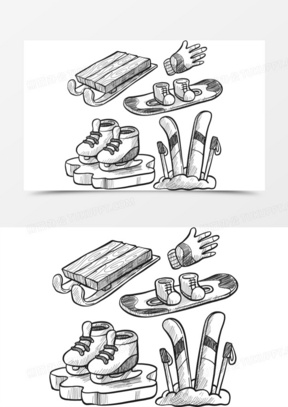 矢量铅笔手绘滑雪用具