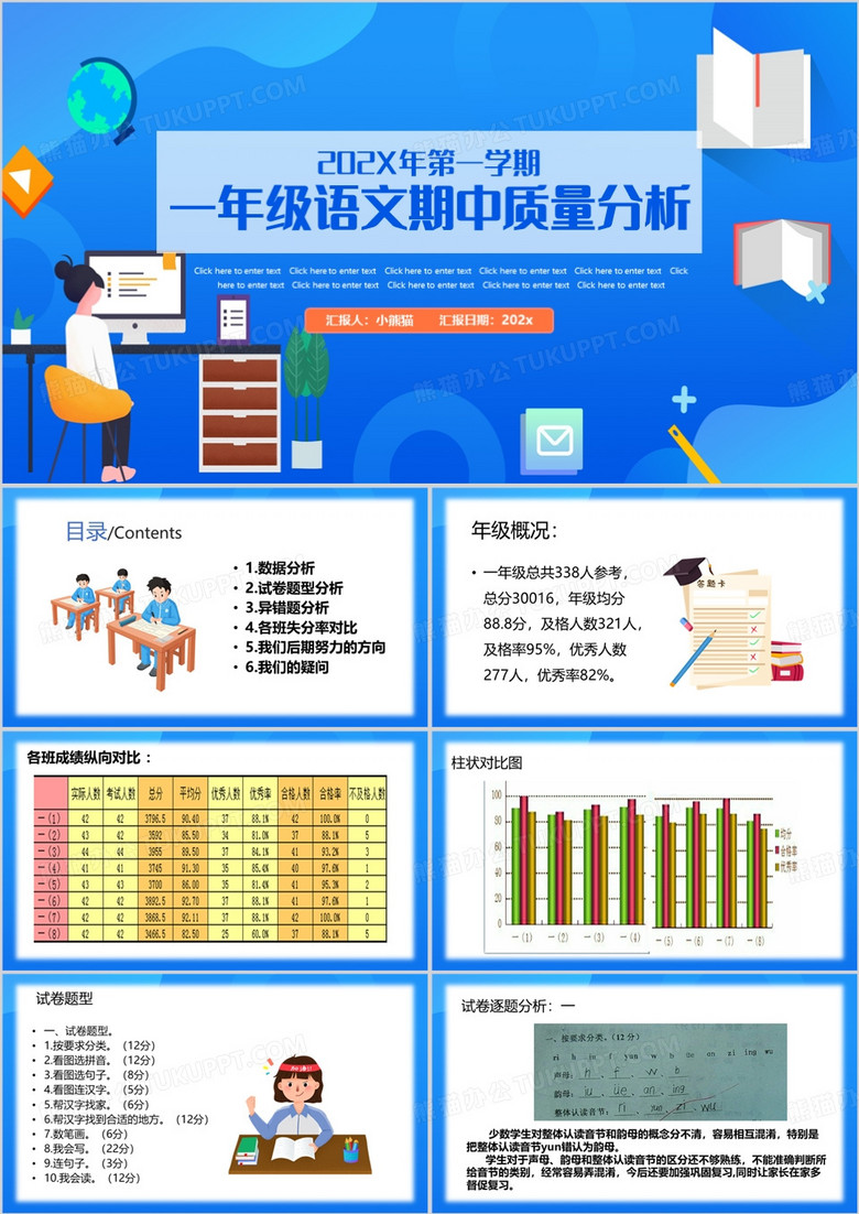 蓝色卡通风语文期中考试质量分析PPT模板