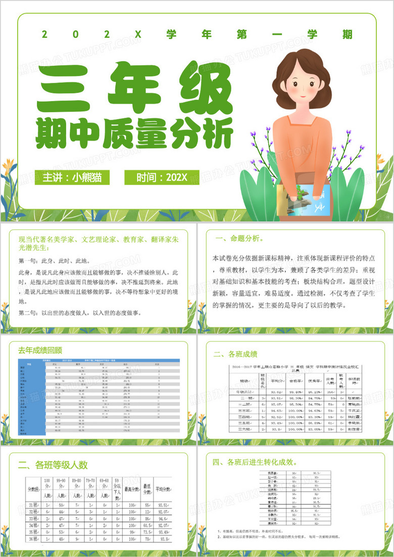 绿色清新风三年级期中考试质量分析PPT模板