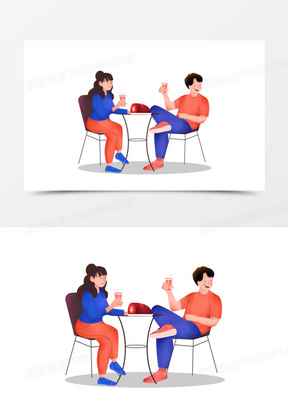 手绘卡通情侣约会吃饭场景免抠元素