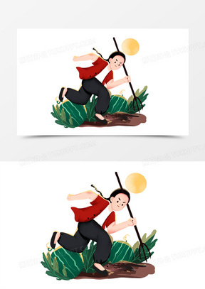 手绘少年闰土和猹卡通插画人物素材