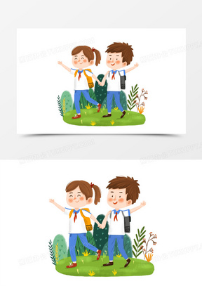 手绘卡通学生快乐上学插画免抠元素