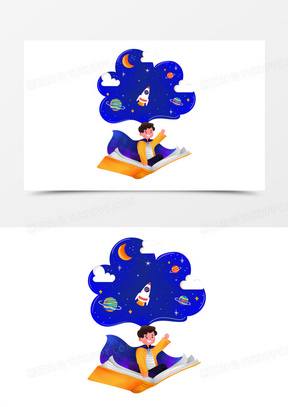 手绘创意男孩遨游在书本的海洋免抠元素