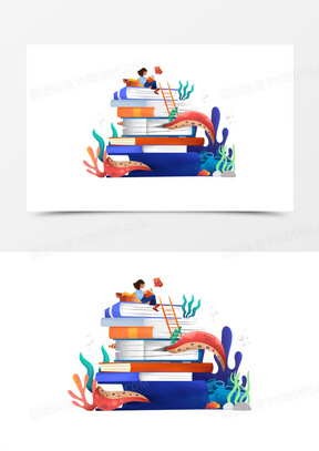 手绘卡通女孩沉浸在知识的海洋里素材