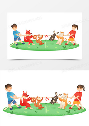 手绘卡通孩子和动物拔河比赛免抠素材