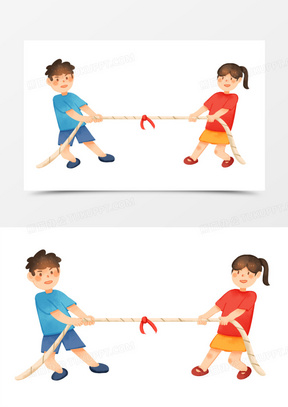 手绘卡通男孩和女孩拔河比赛免抠素材