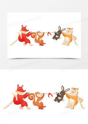 手绘卡通小动物们拔河比赛免抠素材