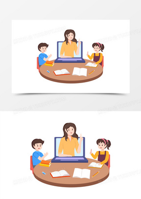 手绘在线课堂上课老师学生讨论问题元素