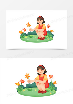 手绘卡通小女孩摘花免抠素材
