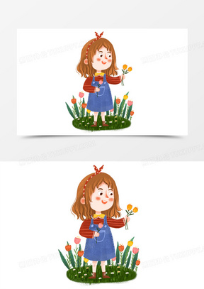 手绘卡通插画风唯美女孩采花免抠元素