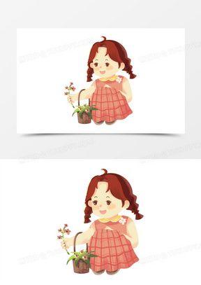 手绘小女孩采花摘花免抠素材