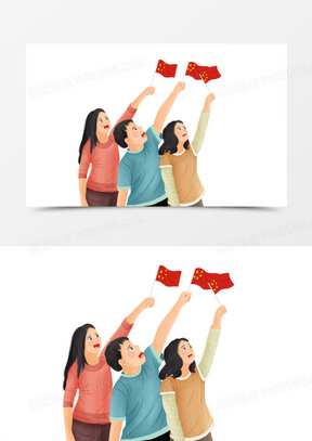 卡通手绘青少年举红旗庆祝免抠元素