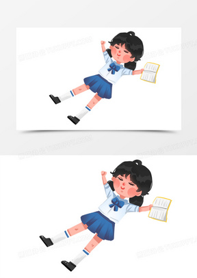 手绘躺着看书的女孩插画元素