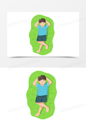 卡通手绘躺在草地上的男孩免抠元素