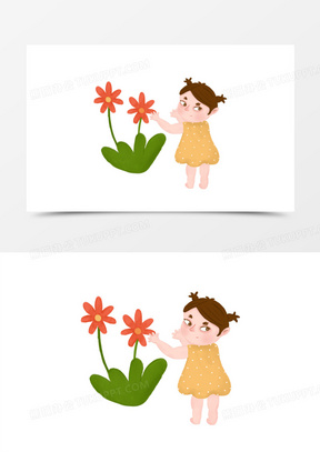手绘卡通小女孩摘花免抠元素
