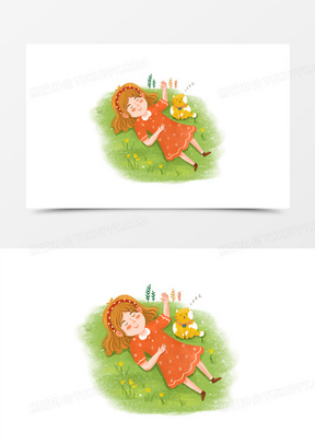 手绘卡通躺在草地上的女孩插画免抠元素