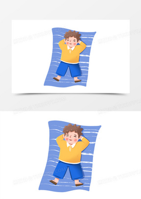 卡通手绘男孩躺蓝色垫子上睡觉免抠素材