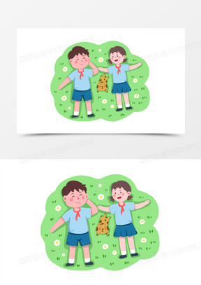 卡通手绘躺在草地上的学生免抠元素