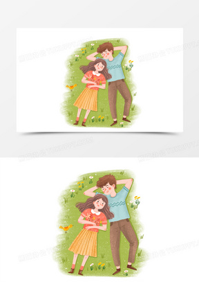 手绘卡通躺在草地上的情侣插画免抠元素