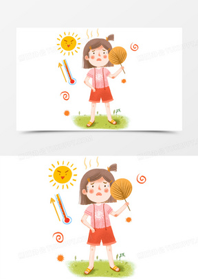手绘卡通夏天女孩狂扇扇子插画免抠元素