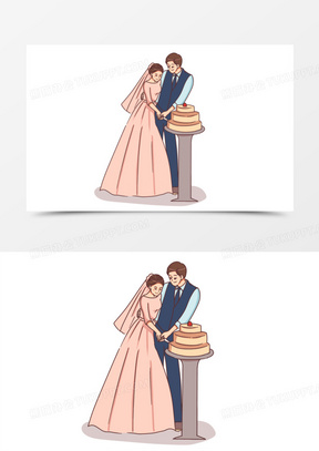 手绘卡通新人婚礼切蛋糕素材