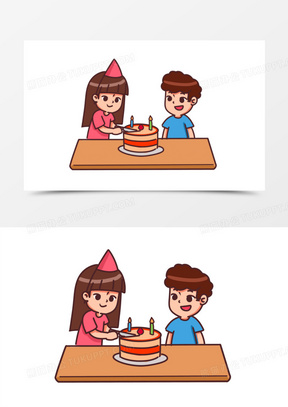 手绘卡通切生日蛋糕素材