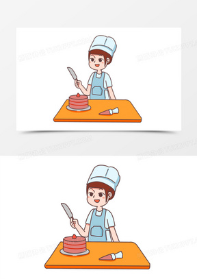 手绘卡通甜点师切蛋糕素材