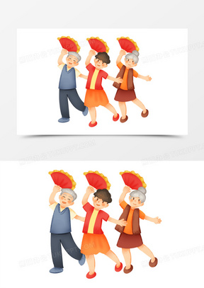 手绘卡通老年生活跳广场舞免抠素材