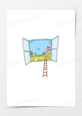 卡通手绘窗外风景