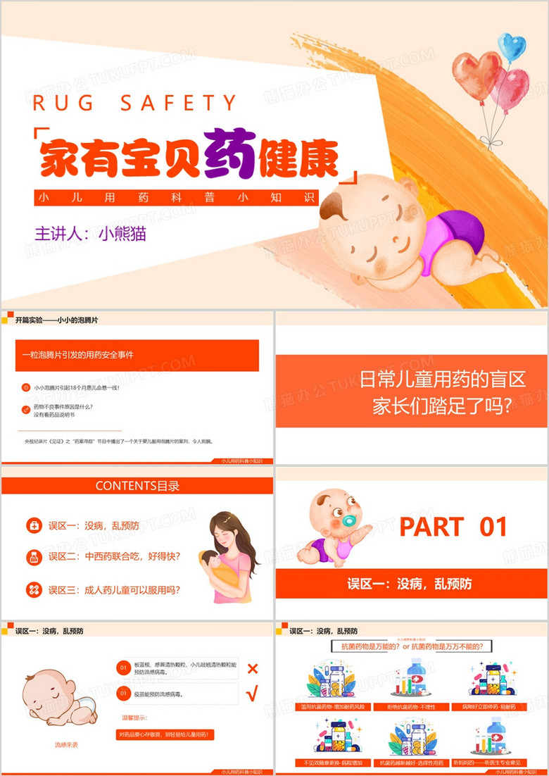 橙色卡通风儿童用药安全知识科普PPT模板