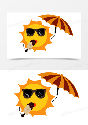 手绘卡通太阳打伞吃雪糕免抠元素