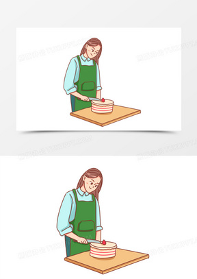 手绘卡通店员切蛋糕免抠素材