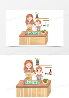 手绘卡通妈妈教小女孩洗菜插画免抠元素