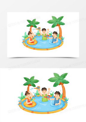 手绘卡通水上乐园打水仗免抠素材